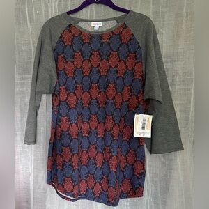 LuLaRoe Randy 2XL Tee Gray, Blue, and Orange Patterned NWT